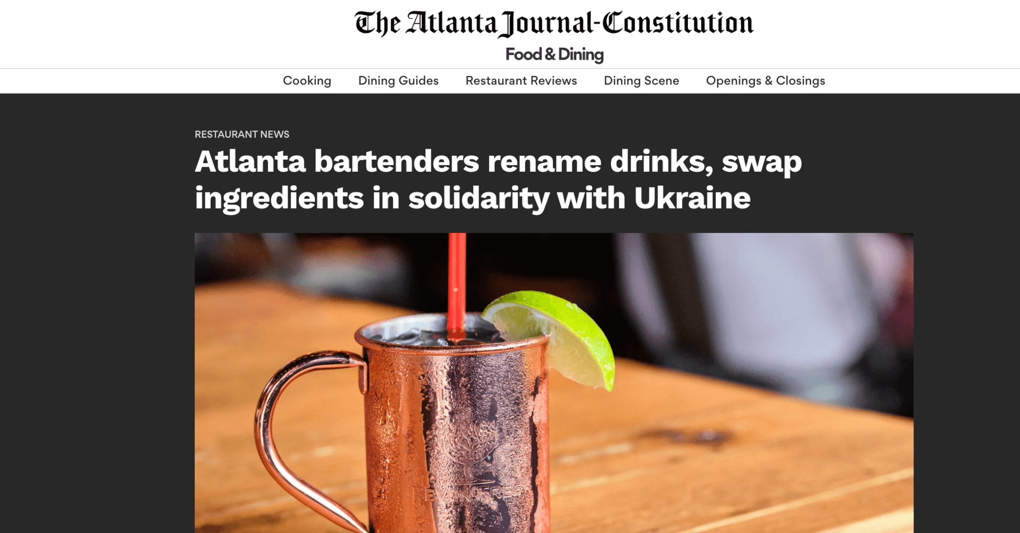 The Atlanta Journal-Constitution headline about Fuzzy's Vodka that reads: Atlanta bartenders rename drinks, swap ingredientes in solidarity with Ukraine